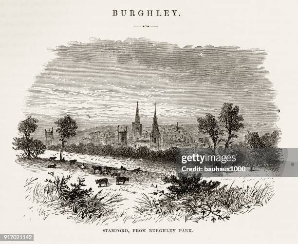 stockillustraties, clipart, cartoons en iconen met stamford, van burghley park, in het engelse victoriaanse gravure, circa 1840 - northamptonshire