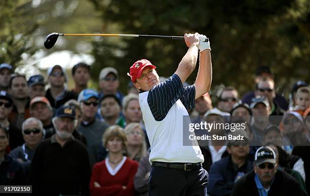 Steve Stricker hits a drive during the second round four-ball matches for The Presidents Cup at Harding Park Golf Club on October 9, 2009 in San...
