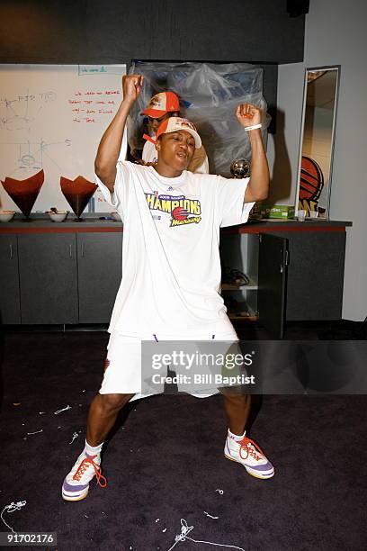 Cappie Pondexter of the Phoenix Mercury celebrates after defeating the Indiana Fever during Game Five of the WNBA Finals on October 9, 2009 at US...