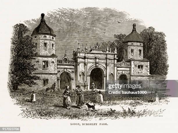 stockillustraties, clipart, cartoons en iconen met lodge, burghley park, stamford, in het engelse victoriaanse gravure, circa 1840 - lincolnshire uk