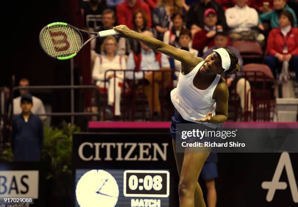 Venus Williams of Team USA serves to Richel Hogenkamp of the Netherlands during the first round of the 2018 Fed Cup at US Cellular Center on February...