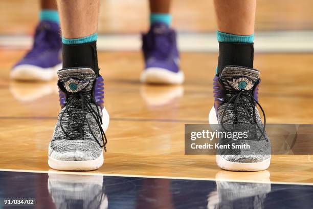 The sneakers of Cody Zeller of the Charlotte Hornets as seen during the game against the Toronto Raptors on February 11, 2018 at Spectrum Center in...