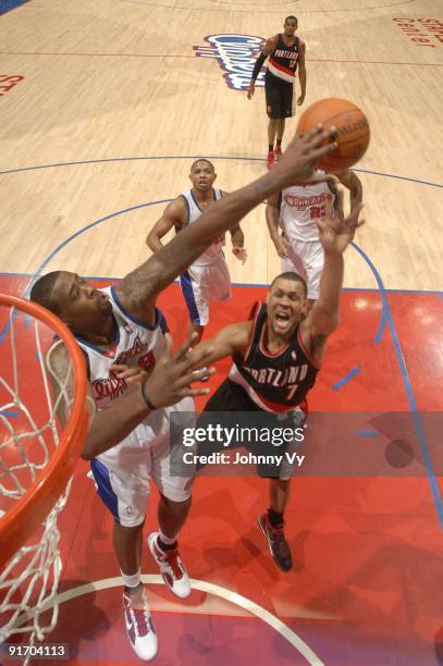 Brandon Roy of the Portland Trail Blazers has his shot blocked by DeAndre Jordan of the Los Angeles Clippers at Staples Center on October 9, 2009 in...