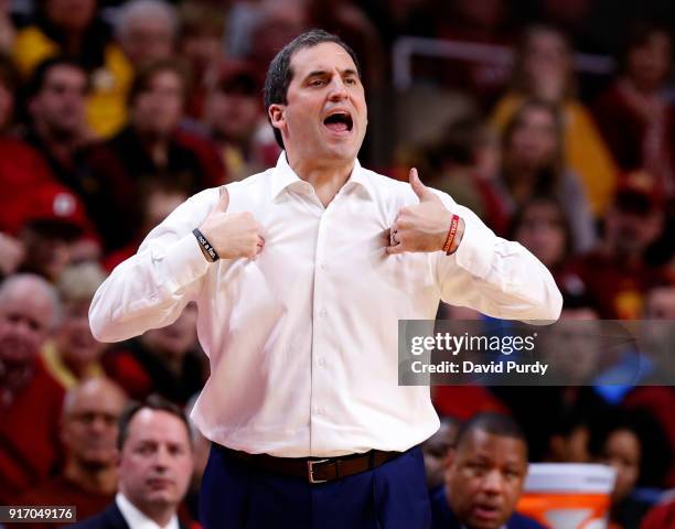 Head coach Steve Prohm of the Iowa State Cyclones signals time out in the second half of play against the Oklahoma Sooners at Hilton Coliseum on...