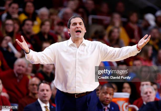 Head coach Steve Prohm of the Iowa State Cyclones coaches from the bench in the second half of play at Hilton Coliseum on February 10, 2018 in Ames,...