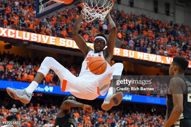 Paschal Chukwu of the Syracuse Orange dunks the ball against the Wake Forest Demon Deacons during the second half at the Carrier Dome on February 11,...