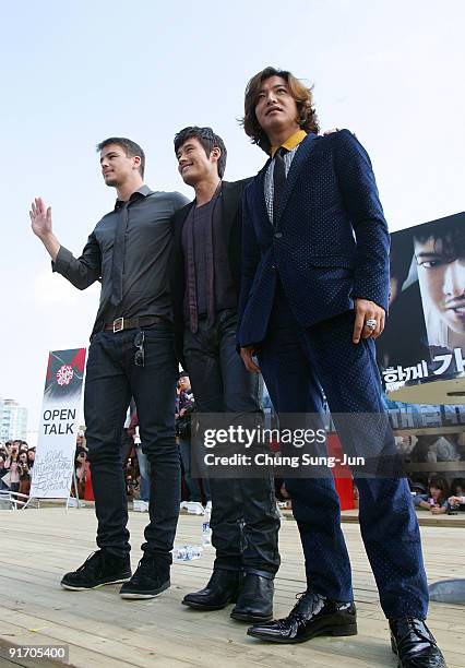 Actor Josh Hartnett, Lee Byung-Hun and Takuya Kimura attend the open talk 'I Come with the Rain' during the 14th Pusan International Film Festival at...
