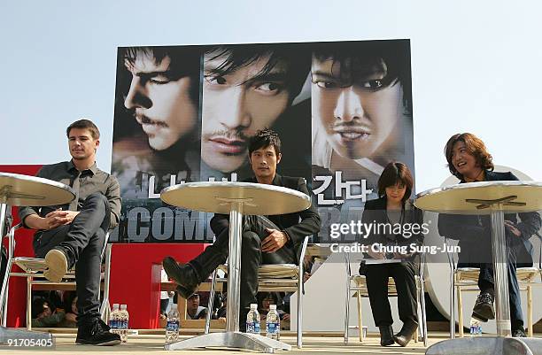 Actor Josh Hartnett, Lee Byung-Hun and Takuya Kimura attend the open talk 'I Come with the Rain' during the 14th Pusan International Film Festival at...