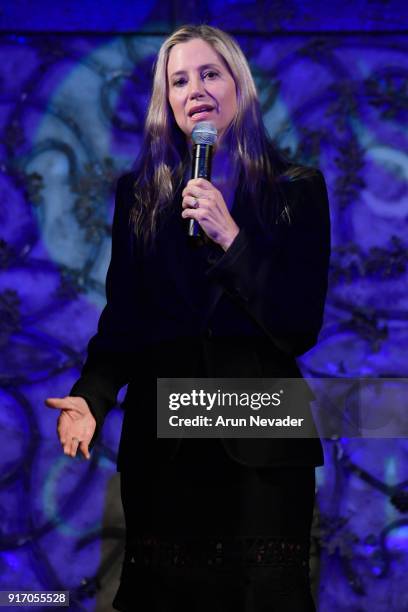 Actor Mira Sorvino speaks on the runway before the Project Cancerland featuring AnaOno Initmates presentation during New York Fashion Week Powered by...