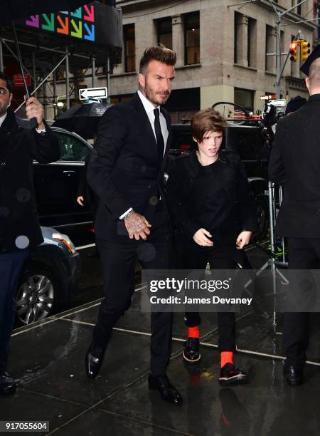 David Beckham and Cruz Beckham arrive to Balthazar on February 11, 2018 in New York City.