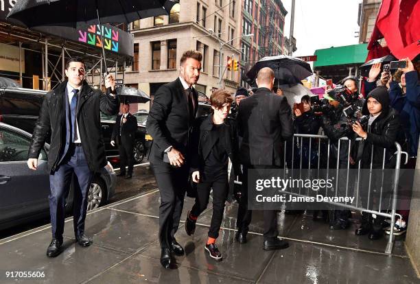 David Beckham and Cruz Beckham arrive to Balthazar on February 11, 2018 in New York City.