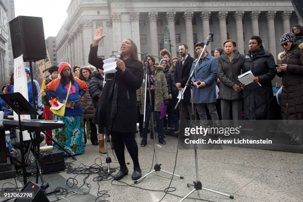 New York City's public advocate Letitia James demands that ICE agents leave the courthouses at a New Sanctuary rally in front of Federal Plaza to...