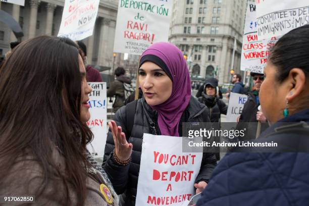 Women's rights activist Linda Sarsour attends a New Sanctuary rally in front of Federal Plaza to celebrate immigrant activist Ravi Ragbir's suspended...