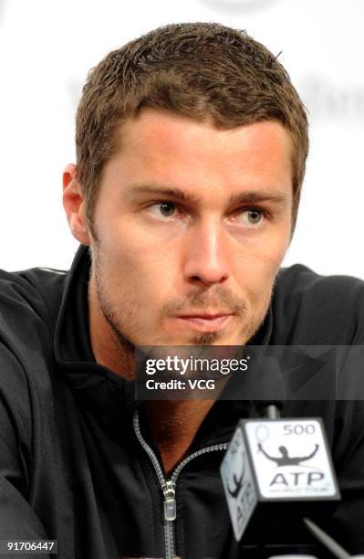 Marat Safin of Russia attends a Post-match press conference after his match against Rafael Nadal of Spain on day eight of the 2009 China Open on...