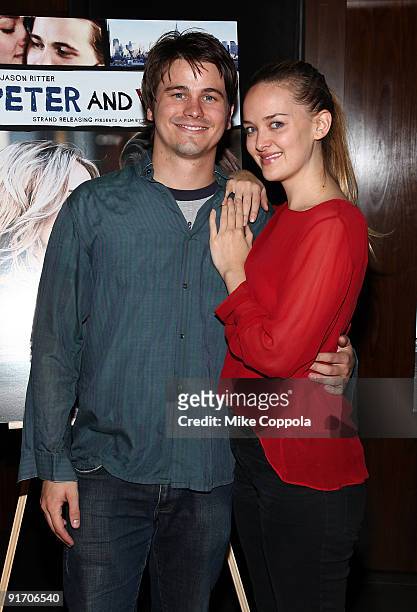 Actors Jason Ritter and Jess Weixler attend the "Peter And Vandy" release party at The Royalton Hotel on October 9, 2009 in New York City.