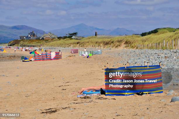 british beach scene - beach shelter stockfoto's en -beelden