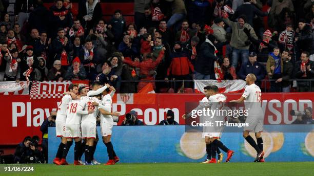 Joaquin Correa of Sevilla celebrates after scoring his team`s first goal with team mates during the Copa del Rey semi-final second leg match between...