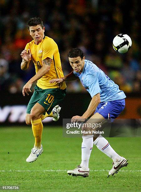 Harry Kewell of the Socceroos and Khalid Boulahrouz of the Netherlands contest possession during the International friendly football match between...