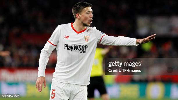 Lenglet of Sevilla gestures during the Copa del Rey semi-final second leg match between Sevilla FC and CD Leganes at Estadio Ramon Sanchez Pizjuan on...