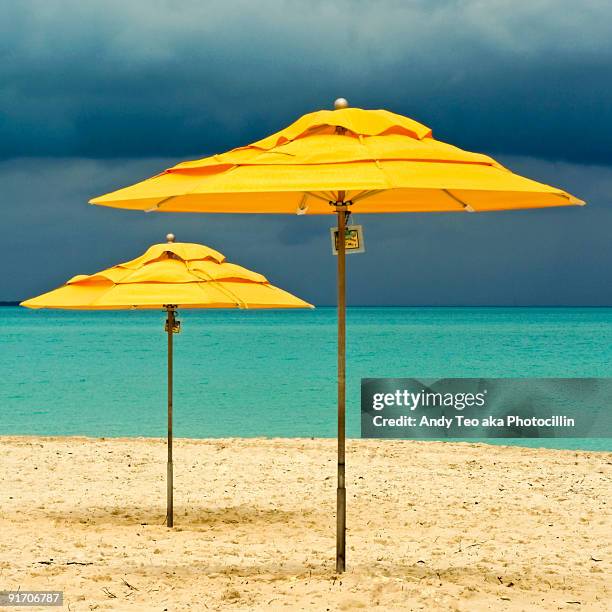 yellow beach umbrellas with stormy skies - ilhas ábaco imagens e fotografias de stock