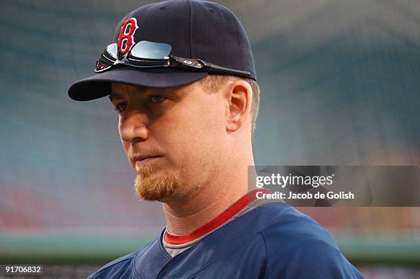 Drew of the Boston Red Sox looks on during batting practice before taking on the Los Angeles Angels of Anaheim in Game Two of the ALDS during the...