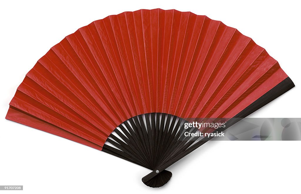 Asian Fan with Black Wood and Red Isolated on White