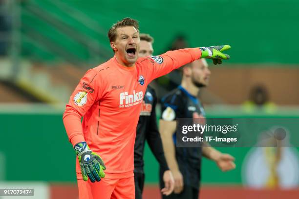 Goalkeeper Michael Ratajczak of Paderborn gestures during the DFB Cup match between SC Paderborn and Bayern Muenchen at Benteler Arena on February 6,...