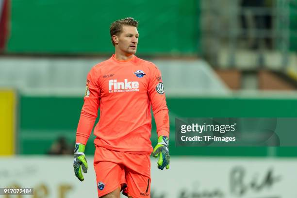 Goalkeeper Michael Ratajczak of Paderborn looks on during the DFB Cup match between SC Paderborn and Bayern Muenchen at Benteler Arena on February 6,...