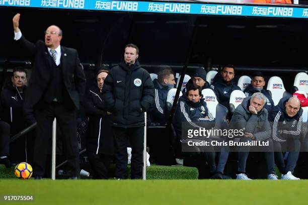 Jose Mourinho, Manager of Manchester United and Rui Faria, Assistant Manager of Manchester United look on during the Premier League match between...