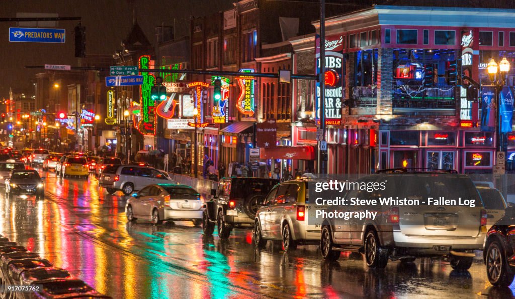 Rain in the City - Cars Line Up For Nashville Honky Tonks in the Rain