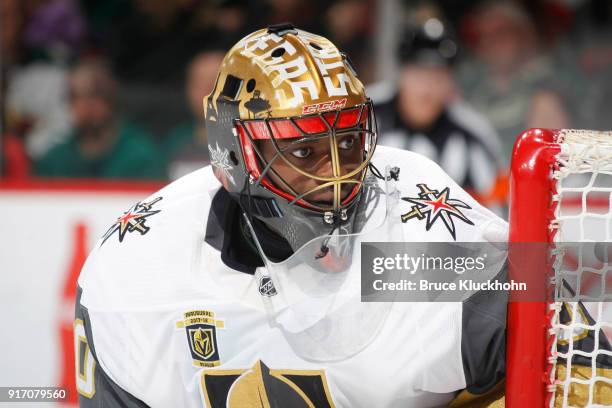 Malcolm Subban of the Vegas Golden Knights defends his goal against the Minnesota Wild during the game at the Xcel Energy Center on February 2, 2018...