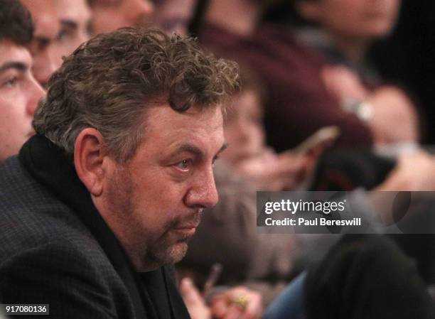 James L. Dolan, Executive Chairman and CEO, The Madison Square Garden Company & NBA Governor, watches an NBA basketball game between the Atlanta...