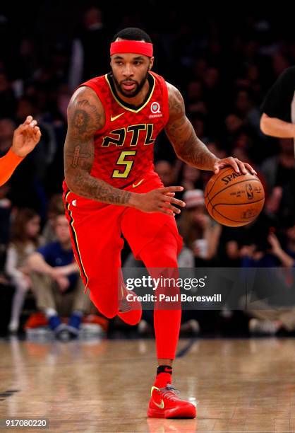 Malcolm Delaney of the Atlanta Hawks drives in an NBA basketball game against the New York Knicks on February 4, 2018 at Madison Square Garden Center...