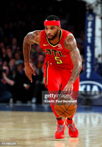 Malcolm Delaney of the Atlanta Hawks drives in an NBA basketball game against the New York Knicks on February 4, 2018 at Madison Square Garden Center...