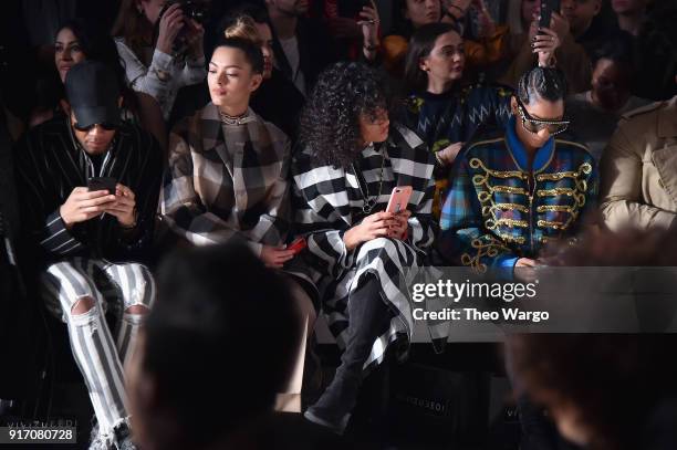 Miss Universe 2017 Demi-Leigh Nel-Peters, Miss USA 2017 Kara McCullough and recording artist Lea Robinson attend the Vivi Zubedi front row during New...