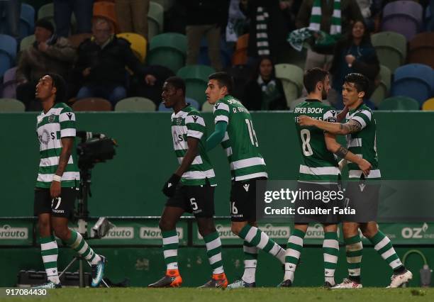 Sporting CP forward Fredy Montero from Colombia celebrates with teammates after scoring a goal during the Primeira Liga match between Sporting CP and...
