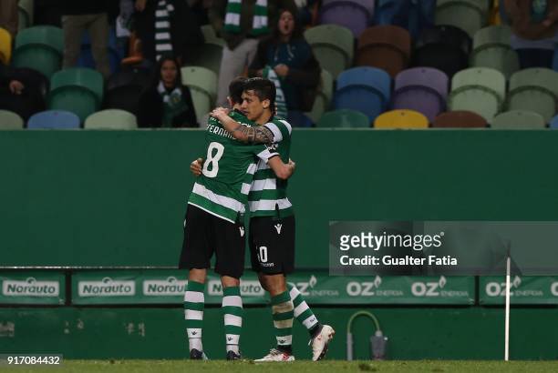 Sporting CP forward Fredy Montero from Colombia celebrates with teammate Sporting CP midfielder Bruno Fernandes from Portugal after scoring a goal...