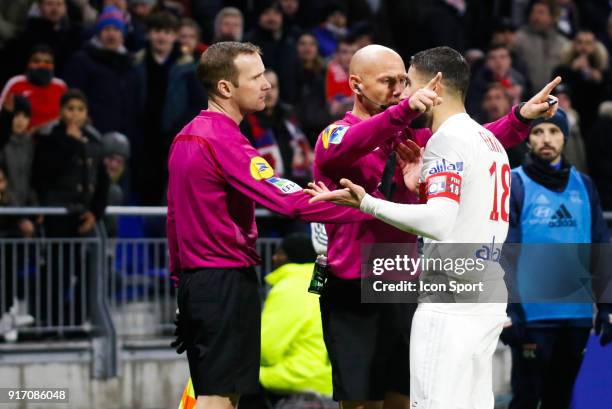 Nabil Fekir of Lyon protest the decision against the assistant referee, Referee Amaury Delerue during the Ligue 1 match between Olympique Lyonnais...