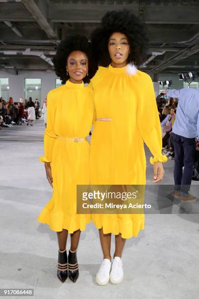 Actors Ashleigh Murray and Jessica Williams attend the Tibi front row during New York Fashion Week: The Shows at Pier 17 on February 11, 2018 in New...