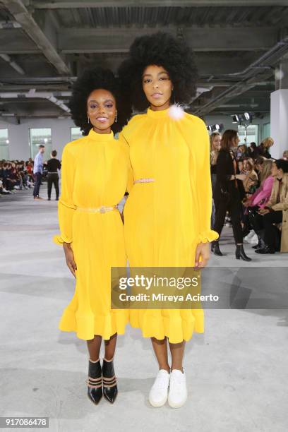 Actors Ashleigh Murray and Jessica Williams attend the Tibi front row during New York Fashion Week: The Shows at Pier 17 on February 11, 2018 in New...