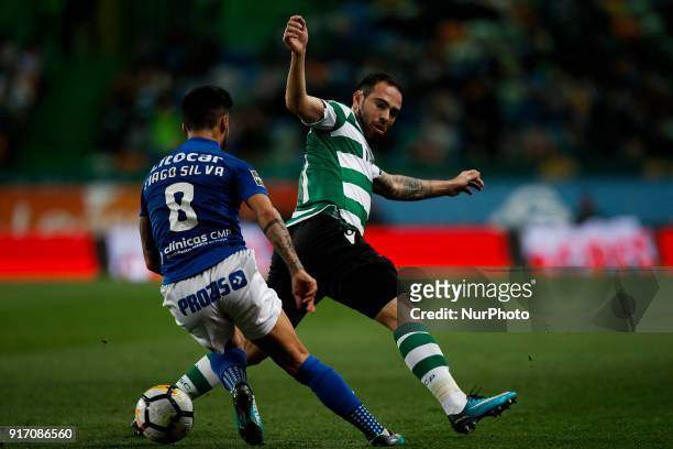 Sporting's forward Bruno Cesar vies for the ball with Feirense's midfielder Tiago Silva during Primeira Liga 2017/18 match between Sporting CP vs CD...