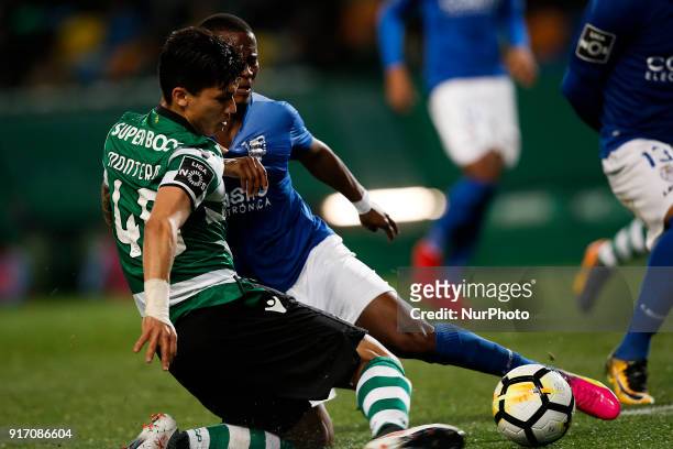 Sporting's forward Fredy Montero vies for the ball with Feirense's defender Alex Kakuba during Primeira Liga 2017/18 match between Sporting CP vs CD...
