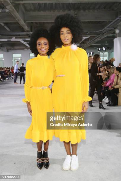 Actor Ashleigh Murray and Jessica Williams attends the Tibi front row during New York Fashion Week: The Shows at Pier 17 on February 11, 2018 in New...