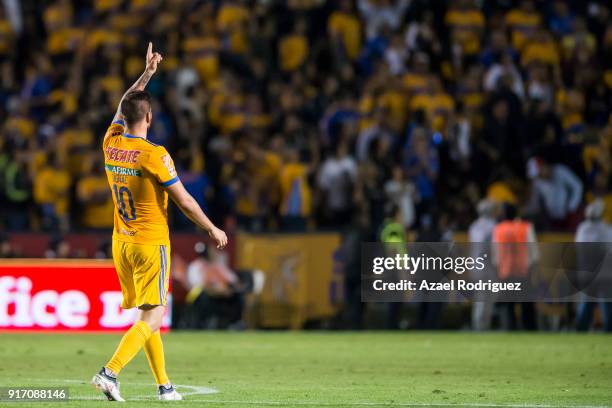 Andre-Pierre Gignac of Tigres celebrates after scoring his team's first goal during the 6th round match between Tigres UANL and America as part of...