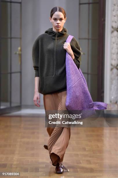Model walks the runway at the Victoria Beckham Autumn Winter 2018 fashion show during New York Fashion Week on February 10, 2018 in New York, United...