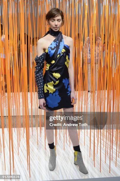 Model poses for Tanya Taylor presentation during New York Fashion Week: The Shows at Gallery II at Spring Studios on February 11, 2018 in New York...