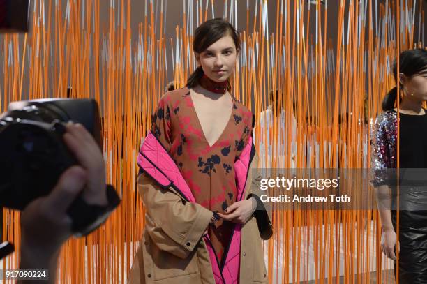 Model poses for Tanya Taylor presentation during New York Fashion Week: The Shows at Gallery II at Spring Studios on February 11, 2018 in New York...