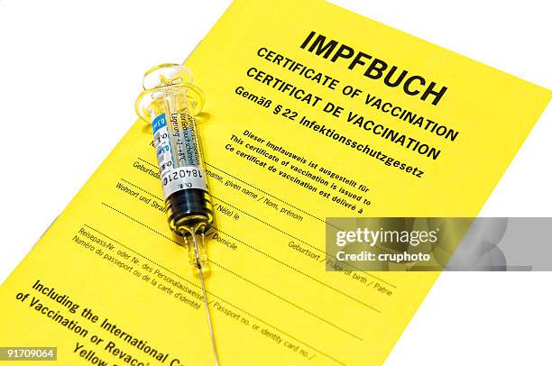 impfpass mit impfung mit grippe spritze, isoliert auf weiss - immunisation certificate stock-fotos und bilder