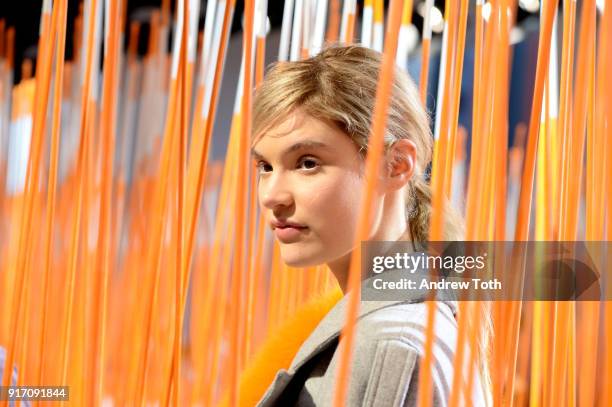 Model poses for Tanya Taylor presentation during New York Fashion Week: The Shows at Gallery II at Spring Studios on February 11, 2018 in New York...