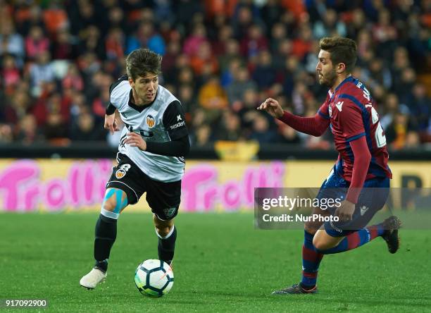 Luciano Vietto of Valencia CF and Jose Gomez Campana of Levante during the La Liga match between Valencia CF and Levante at Mestalla Estadium, on...